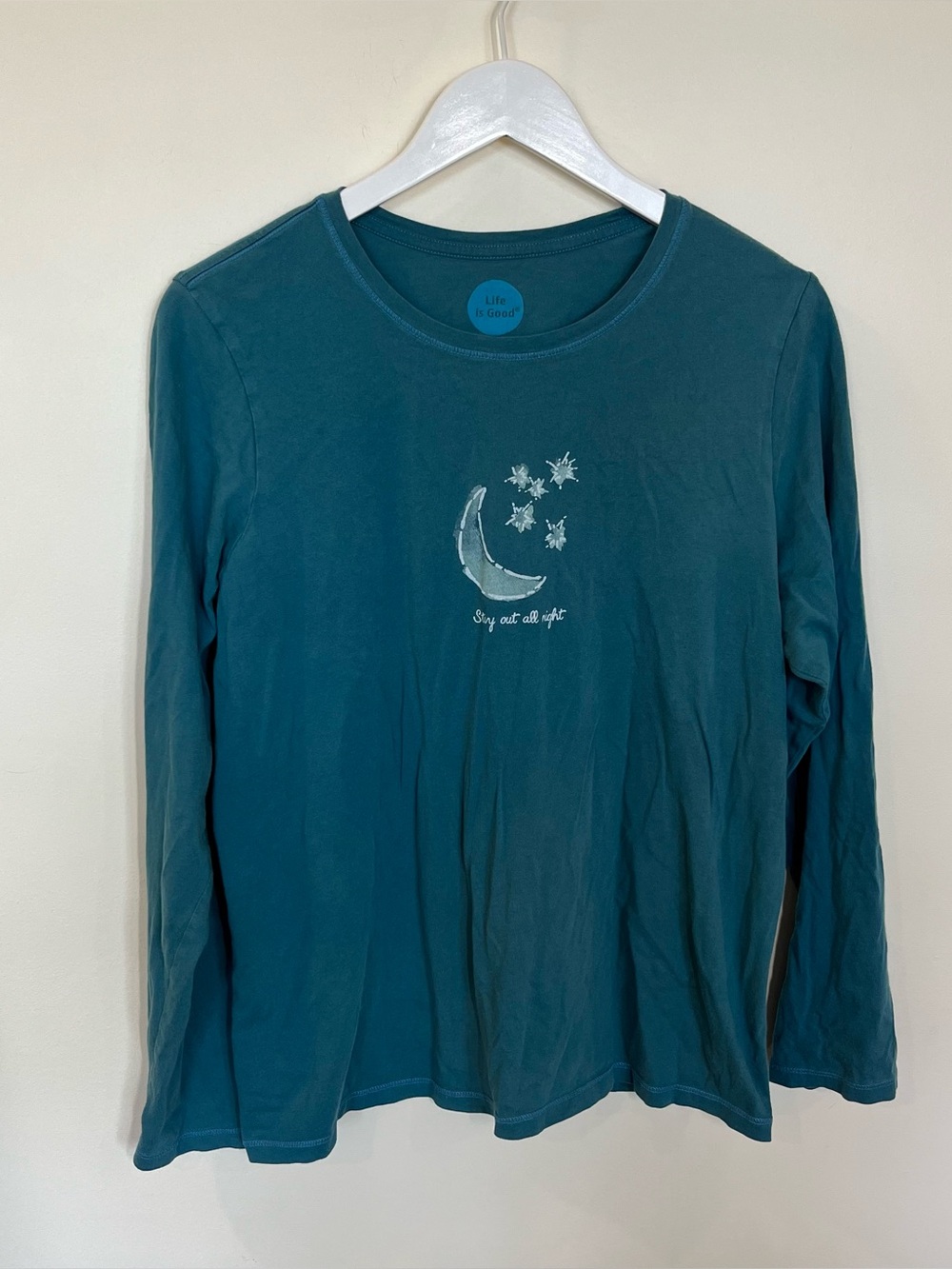 Life is Good Stay Out All Night Moon Stars Womens Large Teal Long Sleeve T Shirt